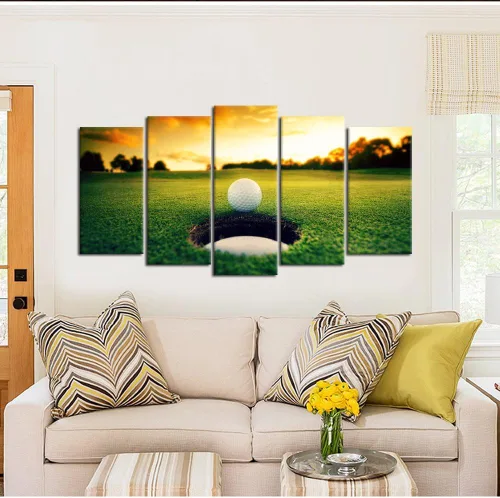 Vista 2 de KREATIVE ARTS - Lienzo de paisaje de campo de golf, arte de pared, impresiones contemporáneas en lienzo de puesta de sol, impresiones enmarcadas