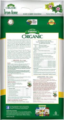 Vista 2 de Espoma Fertilizante orgánico de tono hierro 3-0-3 y alimento vegetal orgánico para ayudar a corregir la deficiencia de hierro (clorosis). Bolsa