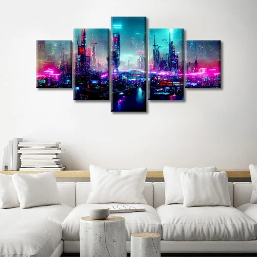 Vista 87 de Cuadros de 5 paneles de Cyberpunk City, arte de pared, representación de vallas publicitarias, edificios modernos en la capital con obras de arte