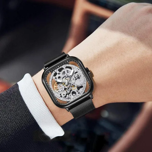 Vista 6 de Tiong Relojes automáticos de moda Reloj de pulsera mecánico dorado para hombre Relojes esqueleto con esfera transparente de acero inoxidable