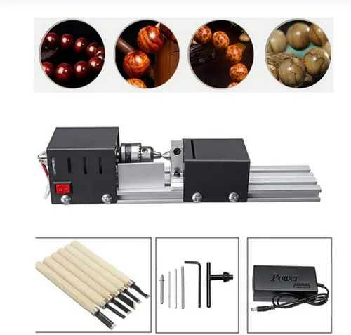 Vista 5 de Mini Torno Perlas Pulidora Máquina DIY Mecanizado para Mesa Carpintería Madera DIY Herramienta Torno Estándar Set DC 12V-24V 96W
