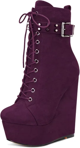 Vista 13 de HDEUOLM Botas de tobillo con tacón de plataforma de cuña alta para mujer, botines cortos con cordones y cremallera Negro