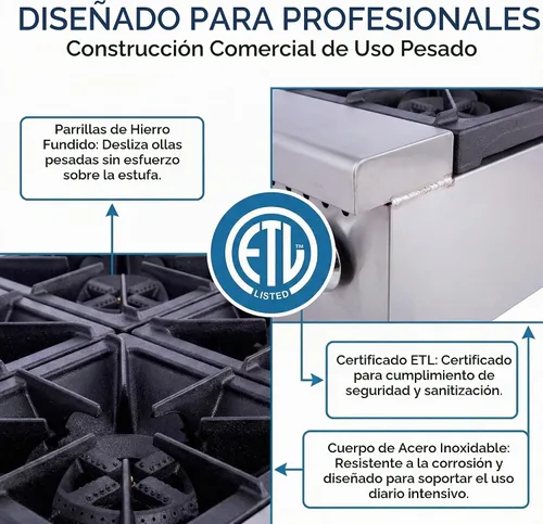 Vista 3 de Placa caliente de gas comercial de 24 pulgadas, rango de encimera de 4 quemadores 120,000 BTU, estufa de acero inoxidable resistente con rejillas
