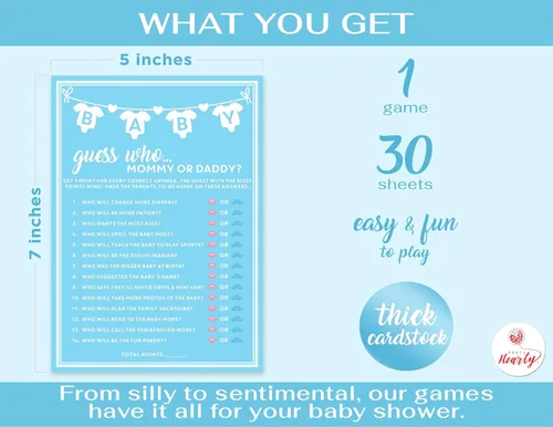 Vista 2 de Party Hearty Juegos de baby shower, adivina quién mamá o papá - azul 30 tarjetas azules, juego de adivina quién, divertidas tarjetas de actividad