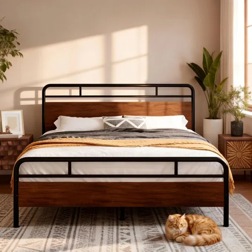 Vista 8 de IMUsee Base de cama matrimonial con cabecera de madera industrial, almacenamiento debajo de la cama de 12 pulgadas, base de colchón, no necesita
