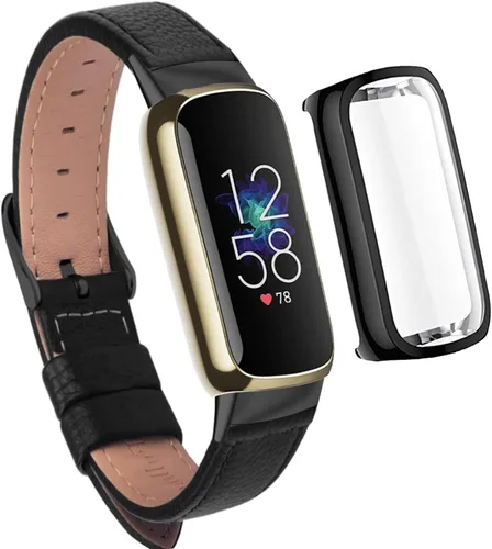 Vista 9 de Correa de reloj compatible con Fitbit Luxe, elegante correa de cuero delgada, pulsera suave de repuesto para Fitbit Luxe Fitness, protector de Negro