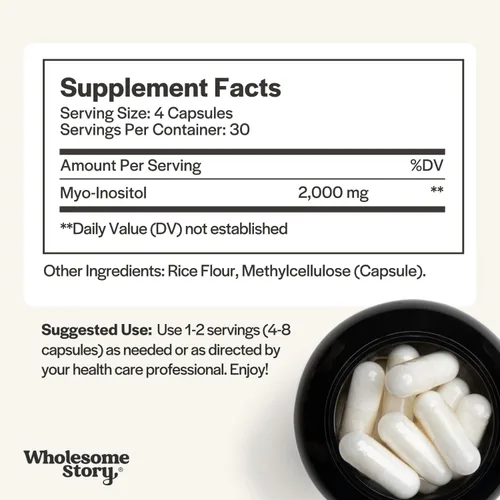 Vista 3 de Wholesome Story Suplemento de mio-inositol Cápsulas de polvo de inositol Mioinositol 2000 mg por porción 500 mg por cápsula Suplemento