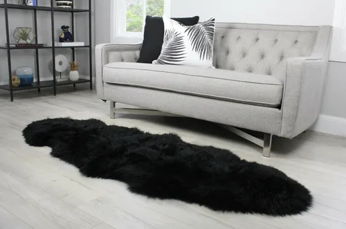 Vista 54 de HUAHOO Alfombra de piel de oveja genuina prémium Negra Real de Australia Piel de oveja natural de lujo, alfombra esponjosa de lana de cordero