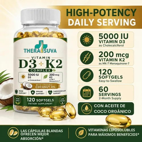 Vista 4 de TheraSuva Vitamina D3 + K2 con aceite de coco orgánico, 120 cápsulas