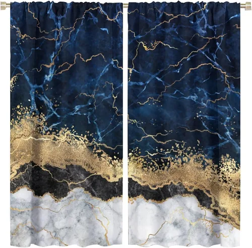 Vista 24 de Cortinas abstractas de mármol de lujo de lujo azul marino dorado a rayas con patrón de mármol estampado para dormitorio, sala de estar, cortinas