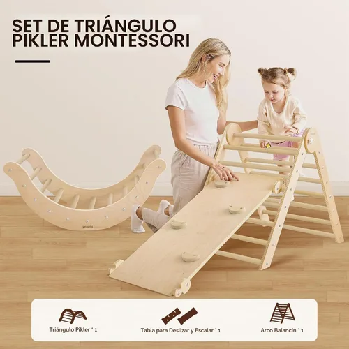 Vista 5 de Belleur Juguetes de Escalada 7 en 1 para Niños Pequeños de 1-3 Años, Set de Triángulo Pikler de Madera Plegable para Interiores, Set de Escalada