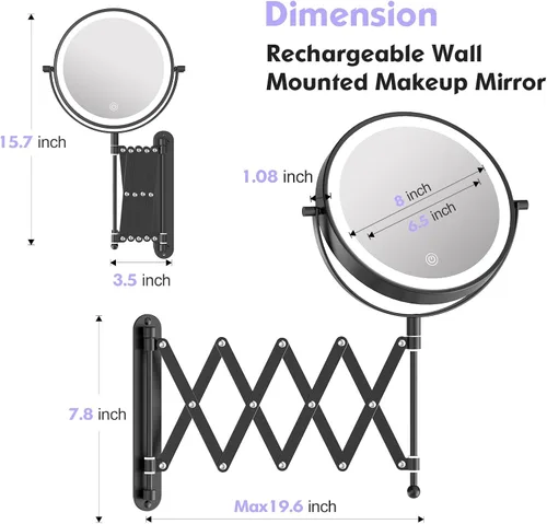 Vista 4 de 8" recargable montado en la pared espejo de maquillaje aumento echado a un lado doble 5000mAh Lighted Magnifying Mirror with 3 Color Lights Touch