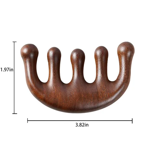 Vista 3 de Peine de meridianos de cinco dientes de madera pura 100% natural, hecho a mano, portátil, alambre dorado, sándalo, cabeza ancha, meridianos
