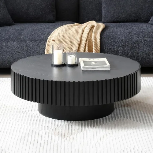 Vista 11 de WILLIAMSPACE Mesa de Café Redonda de 35.43" con Tablero de Piedra Sintética, Mesa Central Circular de Madera Moderna de Estilo Granja para la Sala