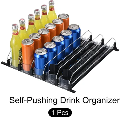 Vista 3 de METALLIXITY Organizador de latas de soda para refrigerador (16 x 2.9 pulgadas), 5 unidades, organizador de bebidas autoempujable para refrigerador