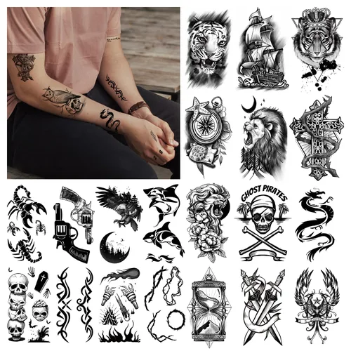 Vista 3 de Cerlaza 112 hojas de tatuajes temporales para hombres adultos, tatuajes falsos para cuello, brazo, dedo, tatuajes temporales, tigre, lobo, león