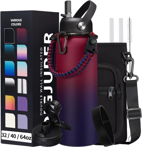 Vista 51 de Botella de agua aislada de 1 galón, con popote y tapa de pico automático, mango de paracord, funda para botella, botella de agua de acero inoxidable