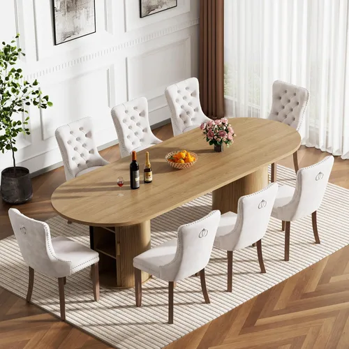 Vista 24 de Mesa de comedor redonda extensible con base de almacenamiento, mesa de comedor expandible natural de 63 a 94 pulgadas para 10 personas, mesa