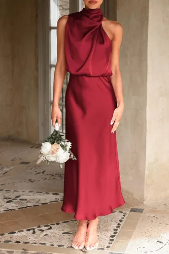 Vista 3 de PRETTYGARDEN Vestido de satén de verano 2024 para mujer, elegante, sin mangas, con cuello alto falso, para cóctel, fiesta, maxi vestidos