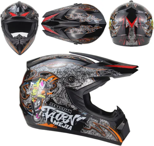Vista 4 de Casco de motocross para ATV y moto de tierra, casco todoterreno con guantes y gafas para unisex, adulto, joven, aprobado por DOT/FMVSS 218