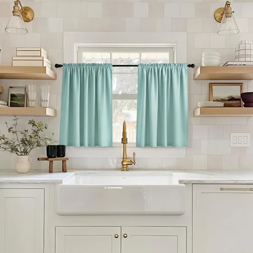 Vista 3 de Mrs.Naturall Cortinas opacas costeras para cocina, oscurecimiento de habitación pequeña, aislamiento térmico, niveles cortos para ventana pequeña