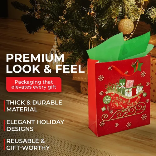 Vista 6 de Bolsas de regalo de Navidad – medianas 13 x 10 x 4 pulgadas (paquete de 4) – Bolsas de regalo de papel resistentes con papel de seda, etiqueta y asa