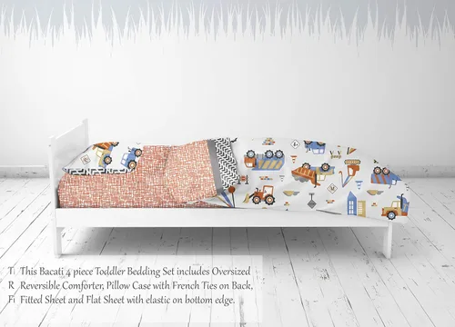 Vista 5 de Bacati Juego de ropa de cama de algodón multicolor de construcción de 4 piezas para niños, 100% algodón, incluye edredón reversible, sábana bajera
