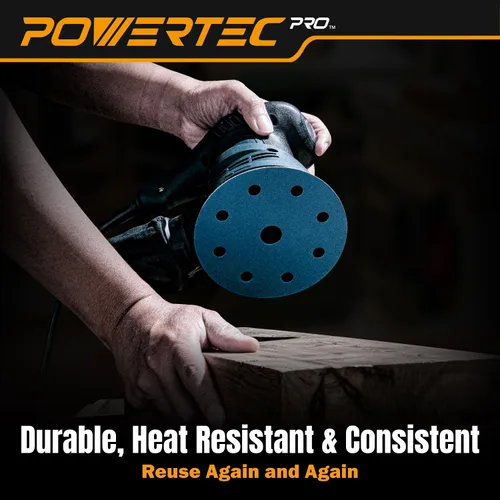 Vista 4 de POWERTEC PRO 45900C-45 - Disco de lijado surtido de 9 agujeros de 5 pulgadas, grano 80/120/220, discos de respaldo de gancho y bucle de cerámica