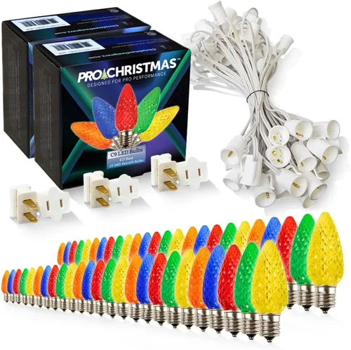 Vista 29 de Pro Christmas - Kit de luces C9 para exteriores, blanco cálido, cable verde, 50 bombillas, 50 pies