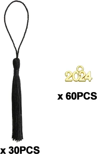 Vista 3 de Tupalizy 30 mini borlas sedosas hechas a mano con 60 dijes del año 2024 para graduación, llavero, aretes, joyería, regalos de boda, recuerdos