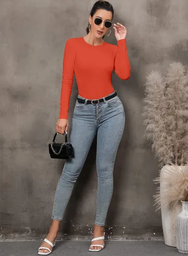 Vista 6 de MANGDIUP Bodysuit for Women Round Neck Long Sleeve Stretch Tops Jumpsuit
