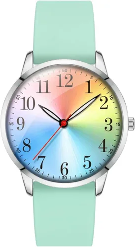 Vista 18 de Letoff Reloj analógico clásico, esfera arcoíris con números arábigos, banda de silicona, resistente al agua hasta 98.4 ft Black/silver