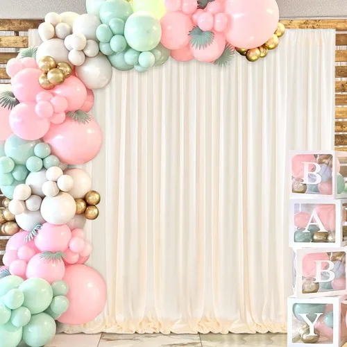 Vista 4 de Cortina de fondo marfil de 10 x 10 pies para fiestas, bodas, tela de poliéster, cortinas para fotos, decoración de fondo para baby shower