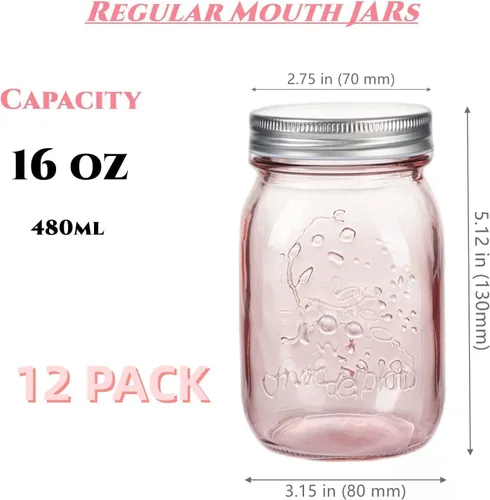 Vista 2 de Amzcku 16 onzas Frascos Mason de Rosa Pálido con Tapas, Juego de 12 Botellas de Quart de Boca Regular para Conservas, Seguro para Almacenamiento