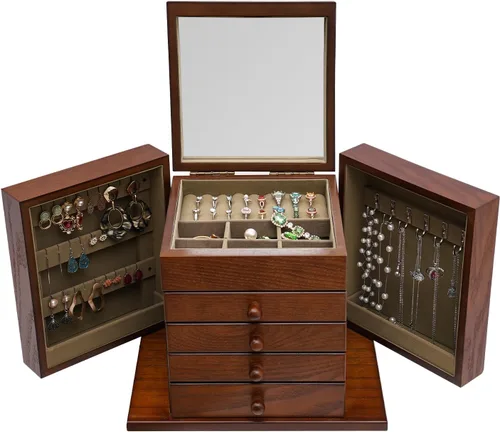 Vista 20 de Wooden Jewelry Box for Women 3-Tier Jewelry Organizer Box Dark Brown