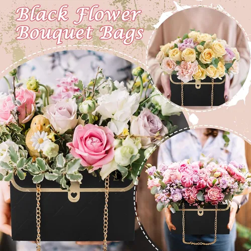 Vista 7 de Whaline 6 bolsas de papel de flores con cadena de metal, ramo de almacenamiento, bolsa de floristería, bolsa de mano, cesta de envoltura de ramo