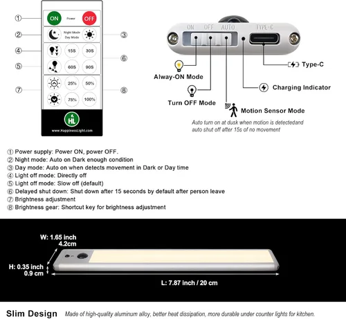 Vista 4 de HL Iluminación para debajo del gabinete, luz LED con sensor de movimiento para interiores, luces recargables de armario inalámbricas, magnéticas