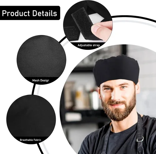Vista 7 de Yolev 4 gorras de chef unisex ajustables para cocina, con malla transpirable, tapas de cocina con elástico, talla única, parte superior de malla