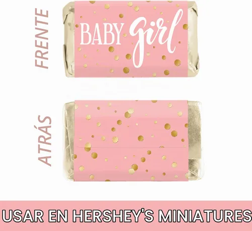 Vista 4 de Mini envoltorios de barra de caramelo rosa y dorado con texto en inglés "It's a Girl" para baby shower, 45 calcomanías