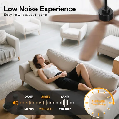 Vista 6 de WINGBO Ventilador de techo de 54 pulgadas sin luz, 5 aspas de madera maciza tallada, motor CC reversible de 6 velocidades, ventilador de techo