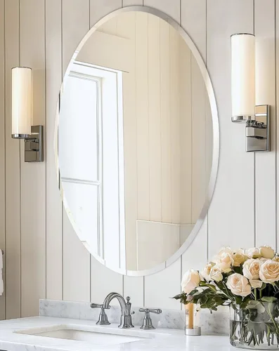 Vista 28 de Espejo de pared ovalado sin marco: Espejo decorativo elíptico de vidrio espejado para tocador con borde plateado biselado para baño, dormitorio