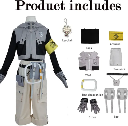 Vista 7 de Gachiakuta Rudo - Disfraz completo de cosplay con accesorios, uniforme gris con capucha para Halloween