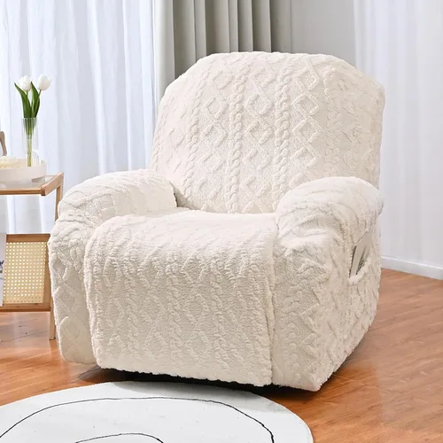 Vista 2 de OQHAIR Funda de terciopelo para sillón reclinable grande, 4 piezas, elástica, suave, con bolsillos, protector de muebles, color beige, 2 plazas