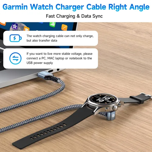 Vista 2 de Garmin - Cable cargador para reloj en ángulo recto, carga rápida, nailon trenzado, 4 pies Para Fenix 5/5S/5X/6/6S/6X/Plus/Pro/7/7S/7X/8, Gris