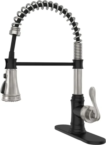 Vista 15 de BWE Grifo de cocina, grifo de fregadero de cocina con rociador extraíble, grifo de arco alto de una sola manija en negro y oro cepillado con 3 modos