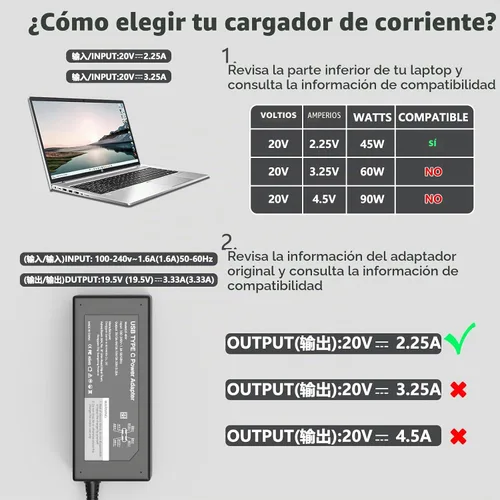 Vista 2 de GKLSPL Cargador para Laptop, adaptador de corriente USB-C de 45 W compatible con HP Chromebook, carga rápida para cargador de laptop USB C, cable