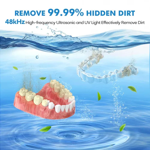 Vista 2 de Máquina limpiadora ultrasónica mejorada de retenedores, limpiador ultrasónico de dentaduras postizas de 48 kHz para protectores bucales, aparatos