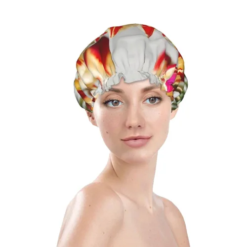 Vista 3 de Gorro de ducha con estampado de tulipanes coloridos, gorro de baño elástico y reutilizable para cabello largo, gorro de ducha grande impermeable