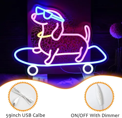 Vista 2 de Letrero de neón para perro monopatín regulable divertido Dachshund Skateboarding LED luz de neón decoración de pared para dormitorio, bar, sala