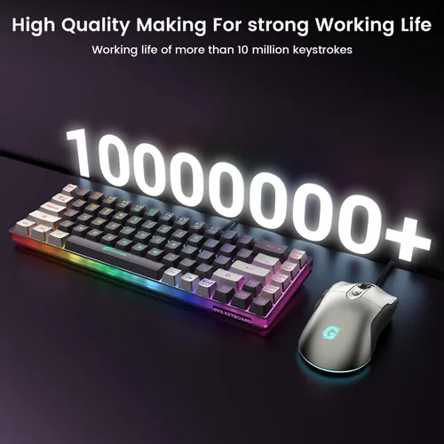 Vista 4 de Combo de teclado y mouse para juegos 65%, teclado retroiluminado RGB + mouse para juegos de 7200 DPI, teclado y mouse con cable ultra compacto